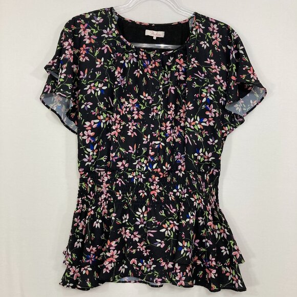 Parker Small Black Multi Smocked Elastic Waist Flutter Sleeve Floral Top - Picture 1 of 9